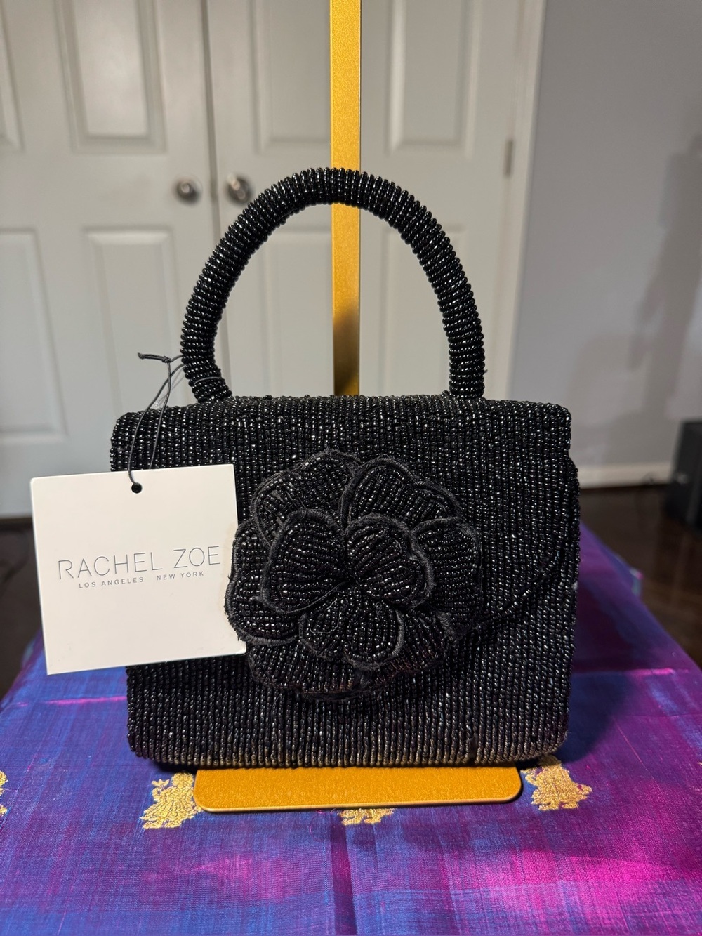 Rachel Zoe Black Beaded Mini Top-Handle Flower Bag Flawed